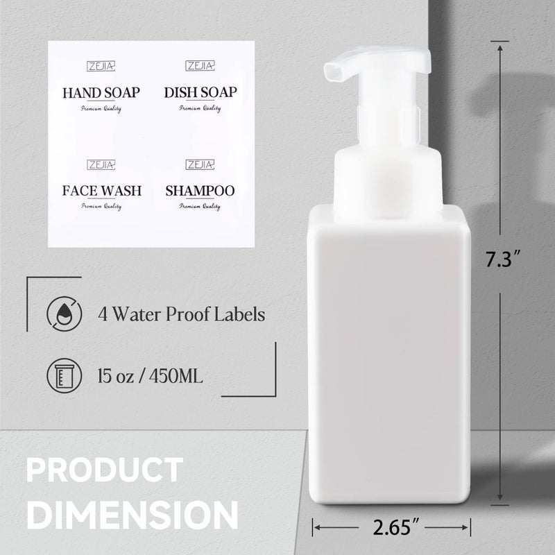 ZEJIA 15OZ Foaming Soap Dispenser, 2-Pack Plastic Hand Soap Dispenser, Refillable Leakproof Foam Pump Bottle with Waterproof Labels, for Shampoo, Body Wash - Image 2